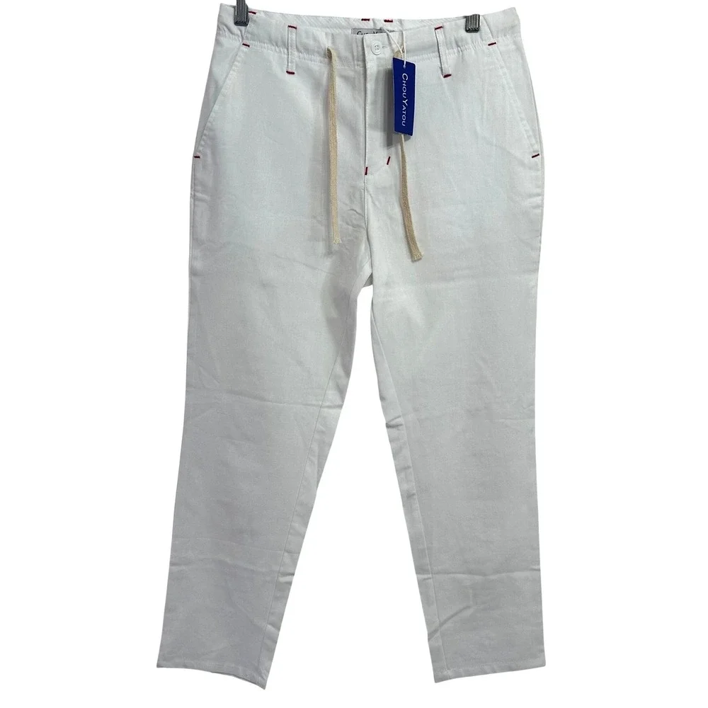 Chouyatou‎ Linen Blend Pants Womens Small White Drawstring Coastal Chino